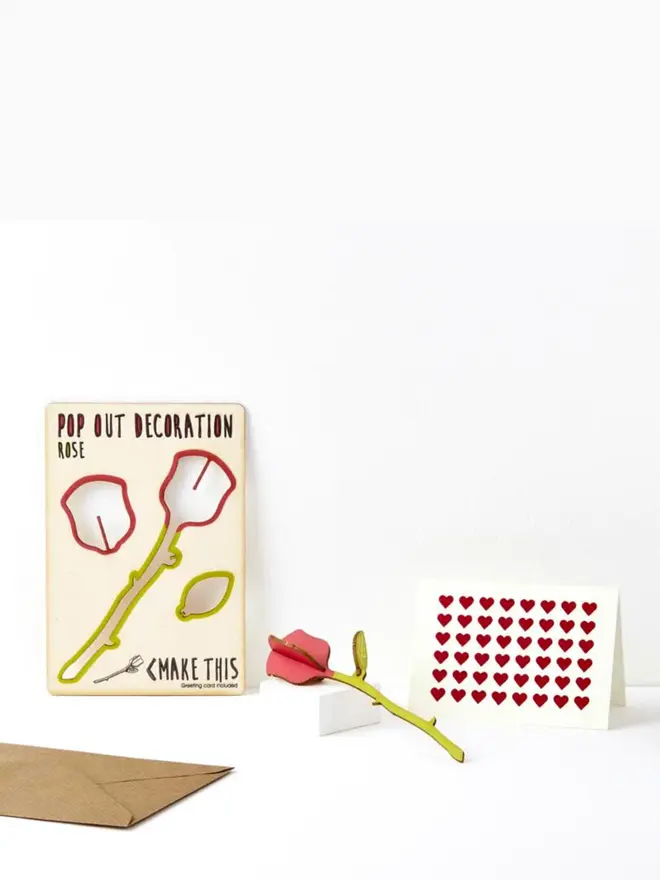 3D Stem Rose decoration and heart pattern greeting card and brown kraft envelope