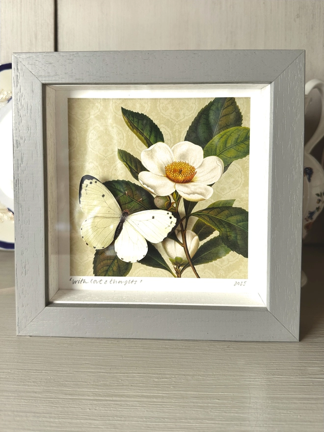 Photo showing the butterflygram in a light grey box frame displayed in the home, showing the gift and card option.