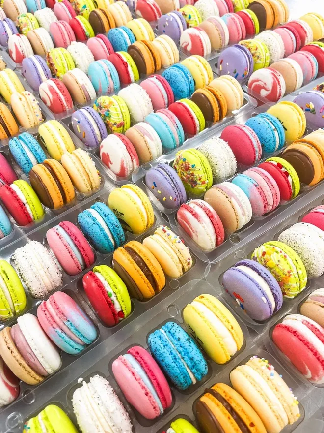 colourful gourmet macarons lined up