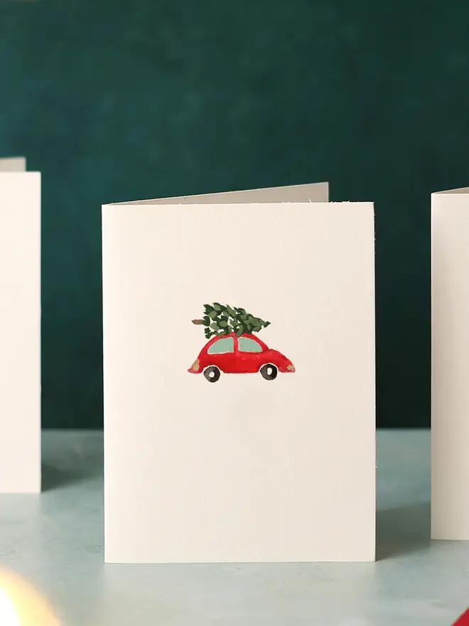 red car and christmas tree mini christmas card