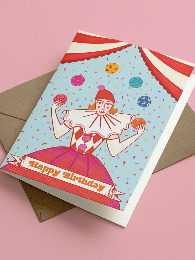 Circus Juggler Birthday Card with brown envelope