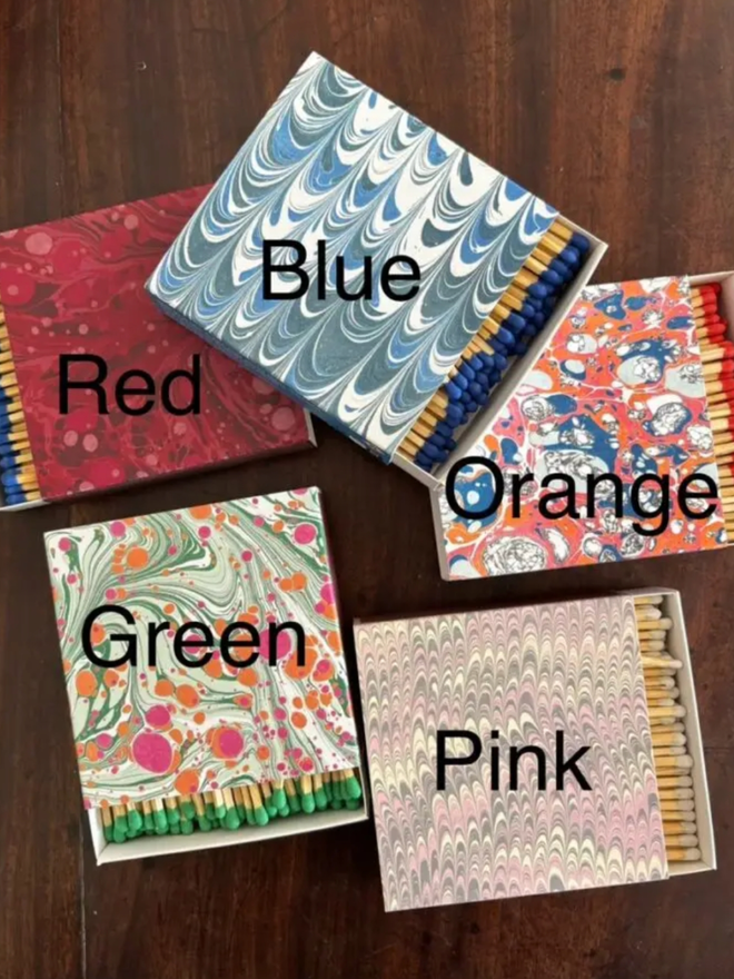 Square Matchbox. A selection of matchboxes available, with their colours labelled.