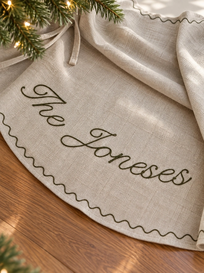 Personalised Embroidered Linen Christmas Tree Skirt