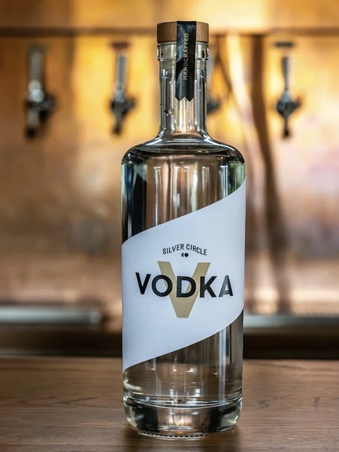 Silver Circle Vodka, bottle of spirit at a bar. 