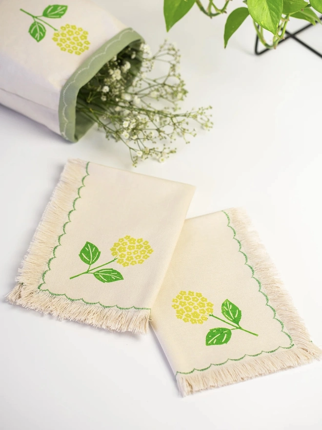 Block Printed Fringed Napkins Hydrangea (Set Of 2)