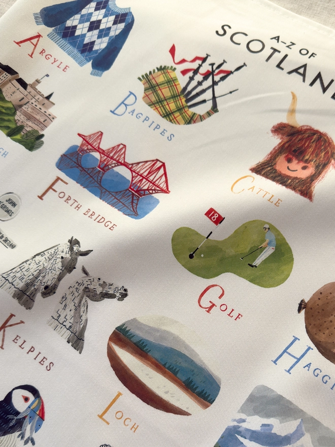 A-Z Scotland Tea Towel Close Up
