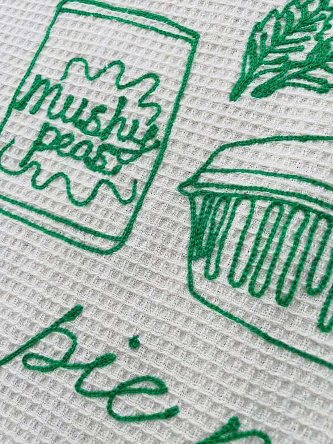 Embroidered Pie n Peas Tea Towel