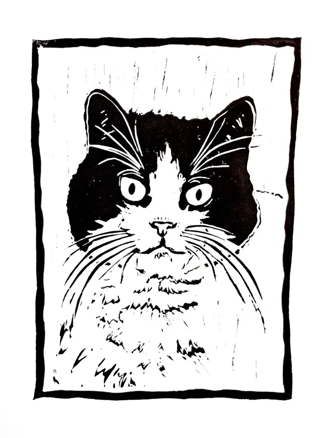Personalised Pet Portrait Linoprint, linocut print portrait of cat. 