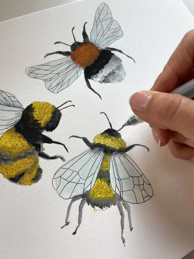 An image of Victoria creating a painting of three bumblebees
