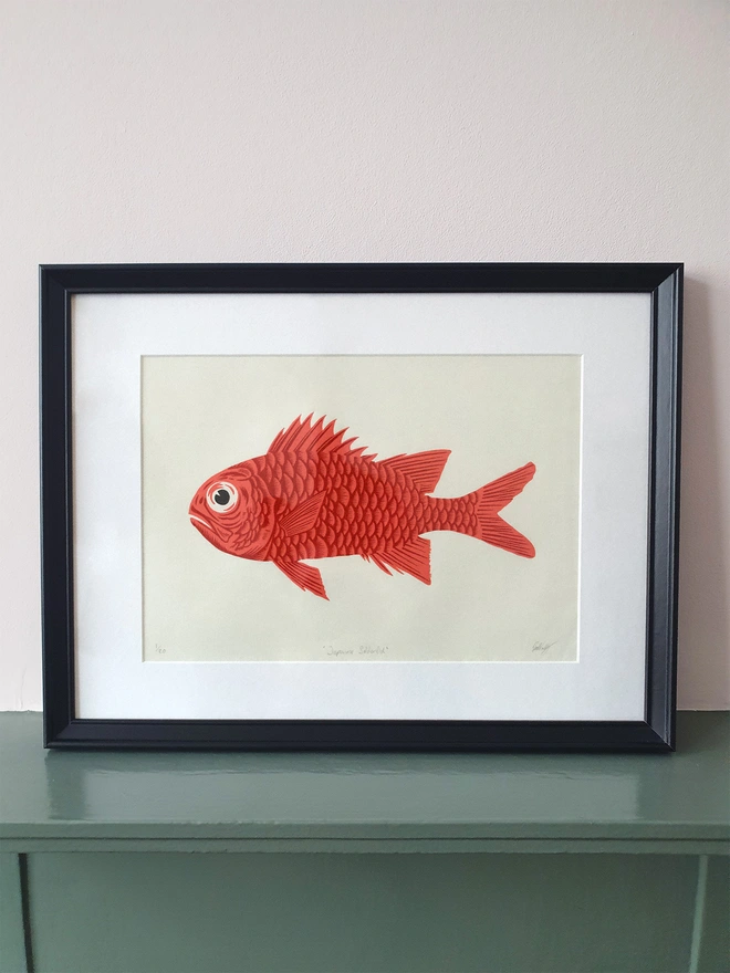 Soldierfish linocut print in a frame