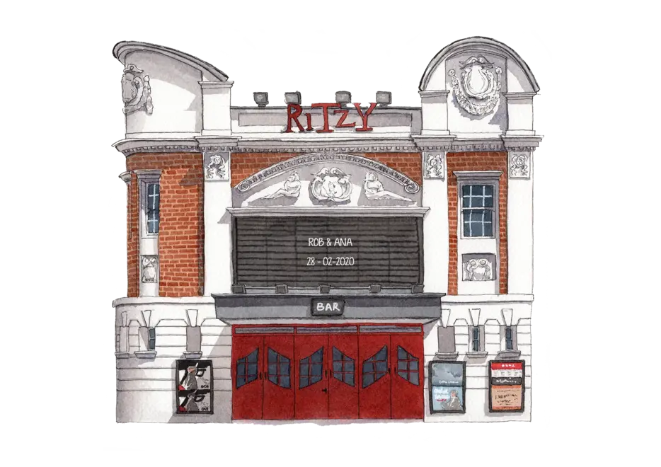 Brixton Ritzy Cinema Giclée Print (Unframed), a print of a cinema sitting against a white backdrop. 