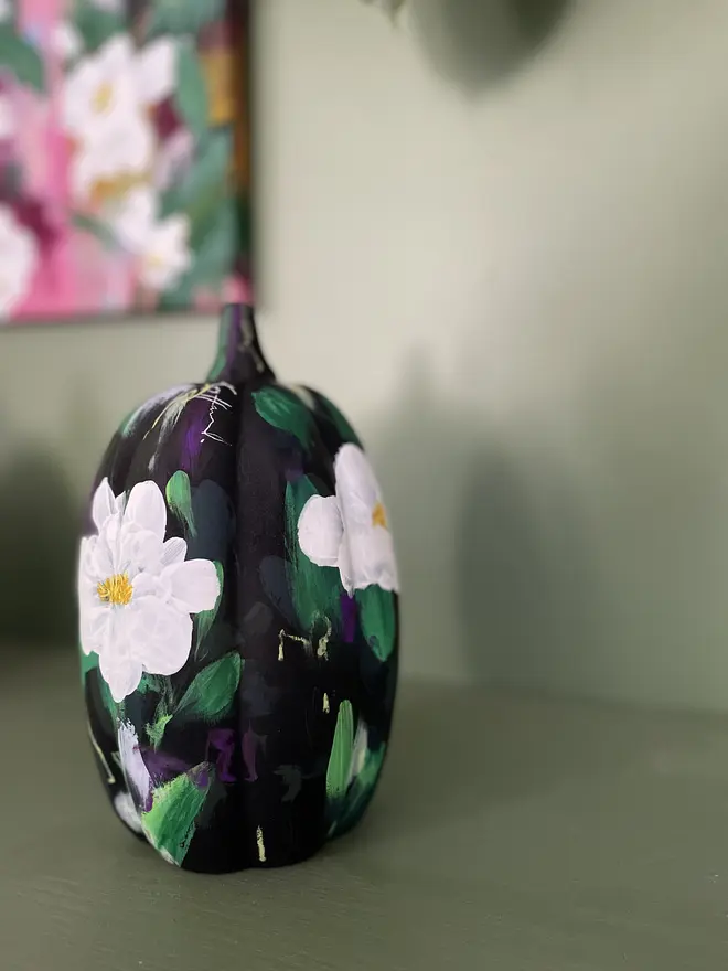 hand painted ceramic floral pumpkin black background white peony flowers 