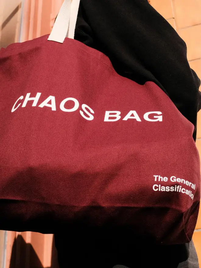 'Chaos' Tote Bag, being worn. 