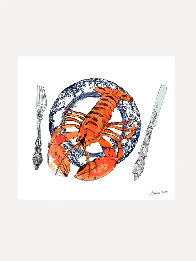 lobster plate signed print. a print of a painting of a lobster on a plate.