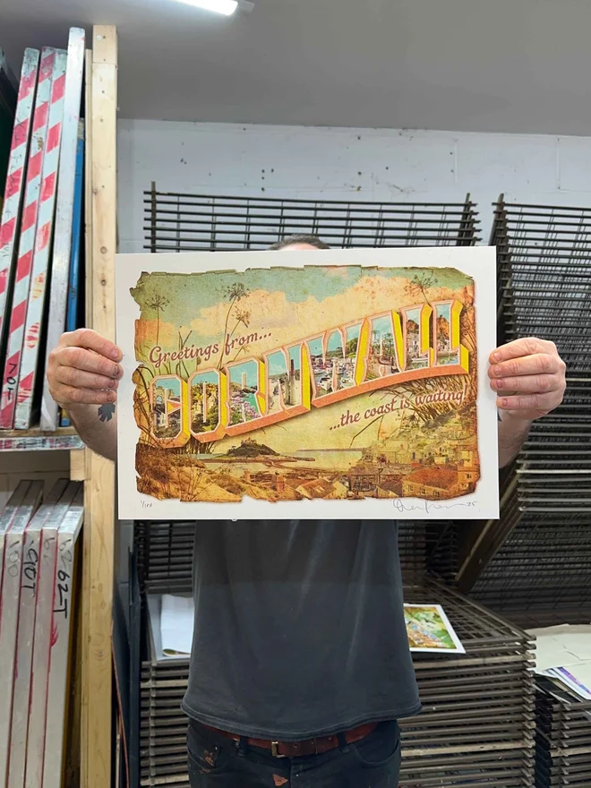 greetings from cornwall retro themed screenprint postcard