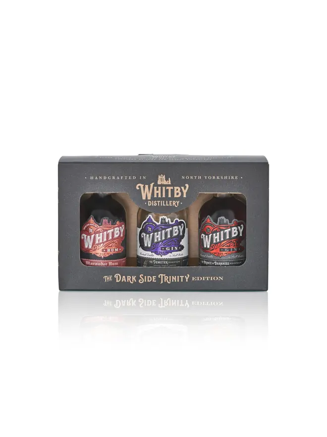 Whitby Distillery Dark Side Trinity Box (Set Of 3), a box of small alcohol bottles sitting in their packaging. 