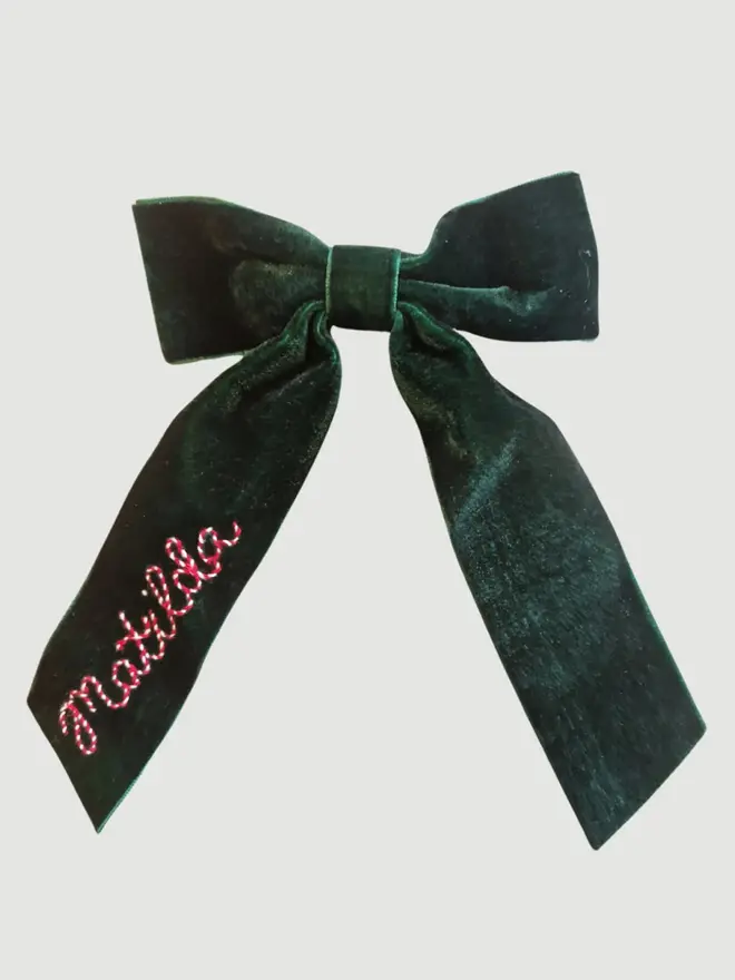 hand embroidered velvet bow clip green