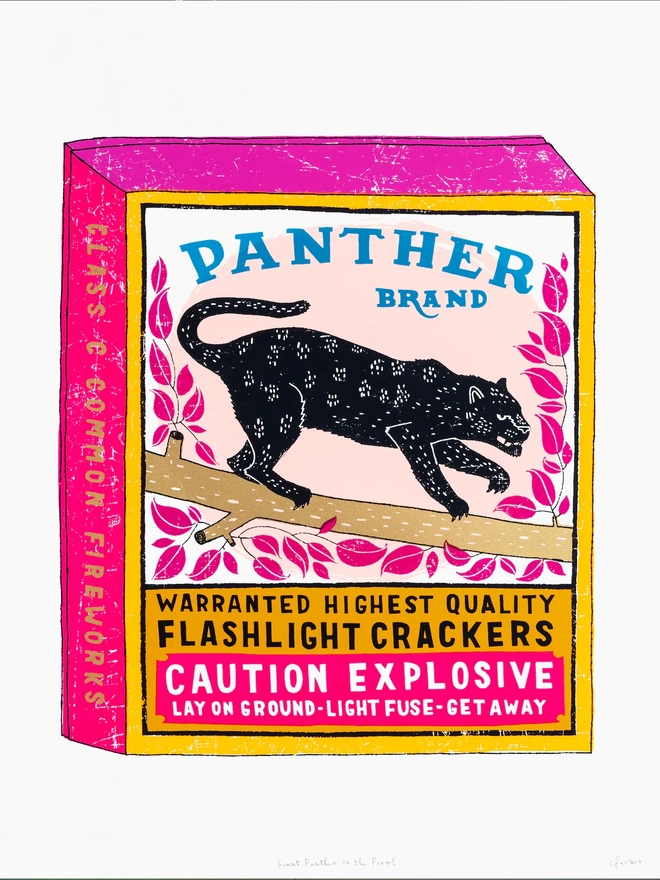 Panther Firecracker Screenprint Giant Panther On The Prow, a white screenprint with a colourful panther box design in the centre. 