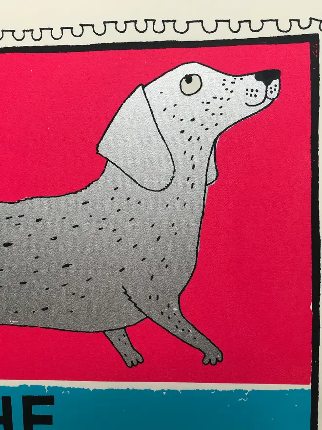 Sausage Dog Stamp Screenprint Sausages Stamp, a colourful sausage dog design against a white screenprint. 