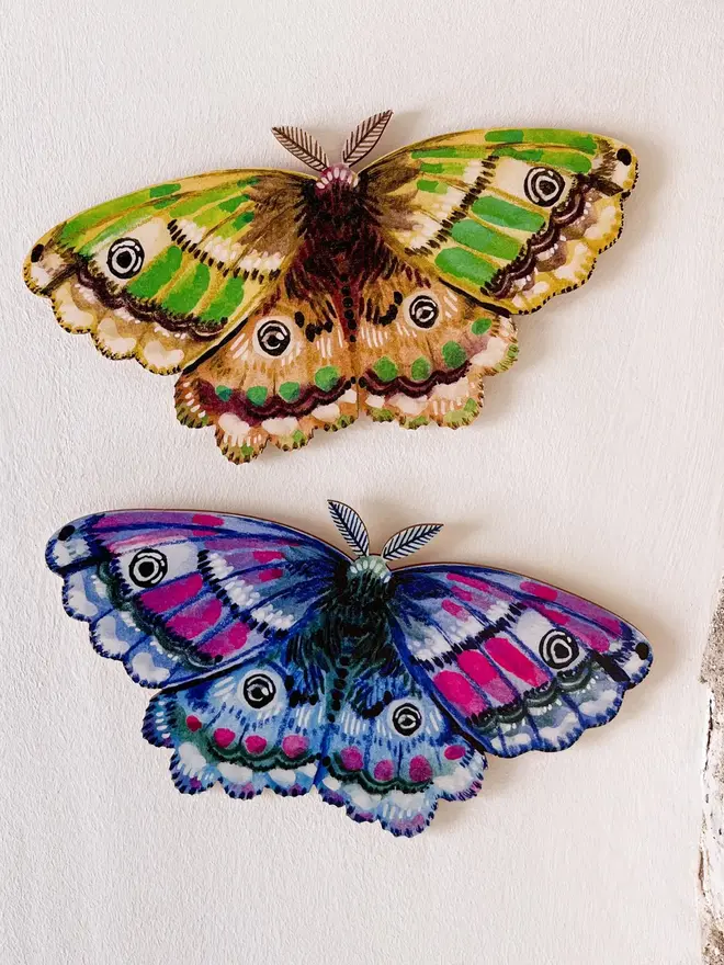 wooden emperor moth wall decoration. blue and green wooden moths hung on plain white wall.