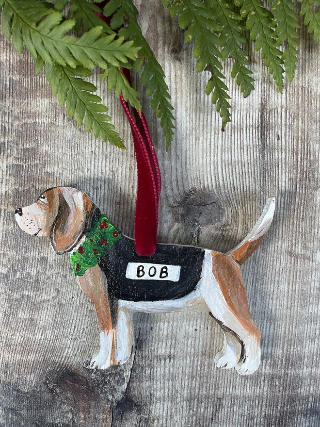 Beagle Handpainted Portrait Wooden Christmas decoration personalised with the name Bob and hung with red velvet ribbon