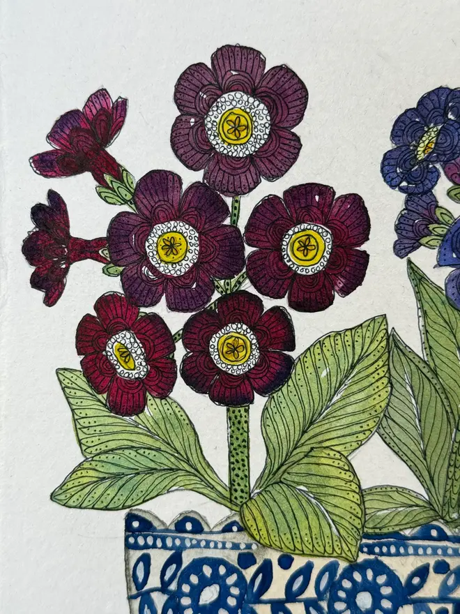 Auricular flowers in blue & white ceramic vessel