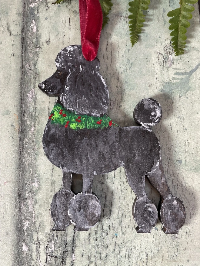 Poodle Dog Hand-painted Wooden Christmas Decoration with red velvet ribbon 