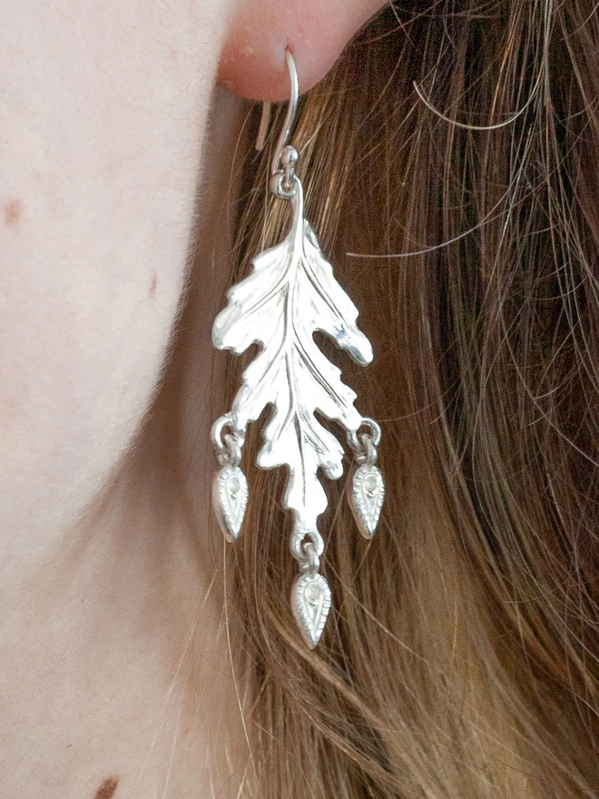 silver oak leaf drop earrings in recycled sterling silver 