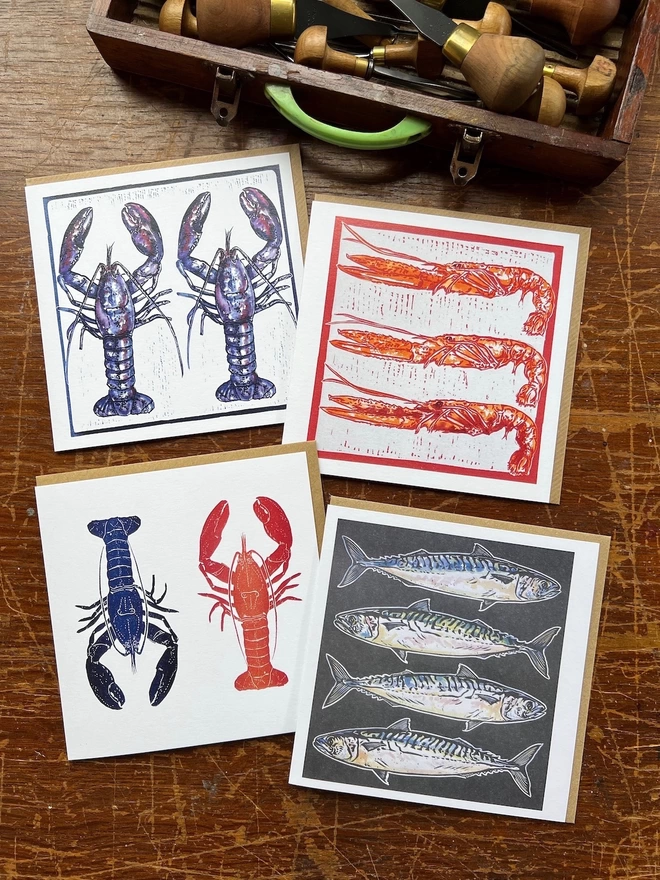lobster langoustine and mackerel art cards