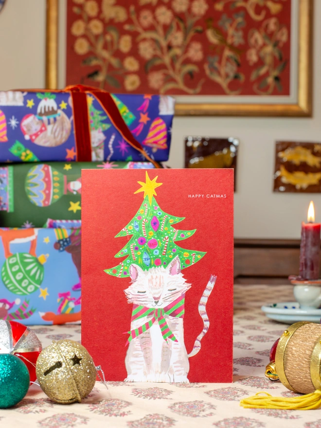 cat xmas tree card