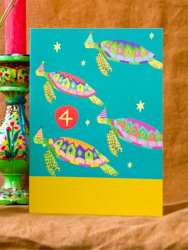 Age 4 Magical Party Turtles Birthday Card