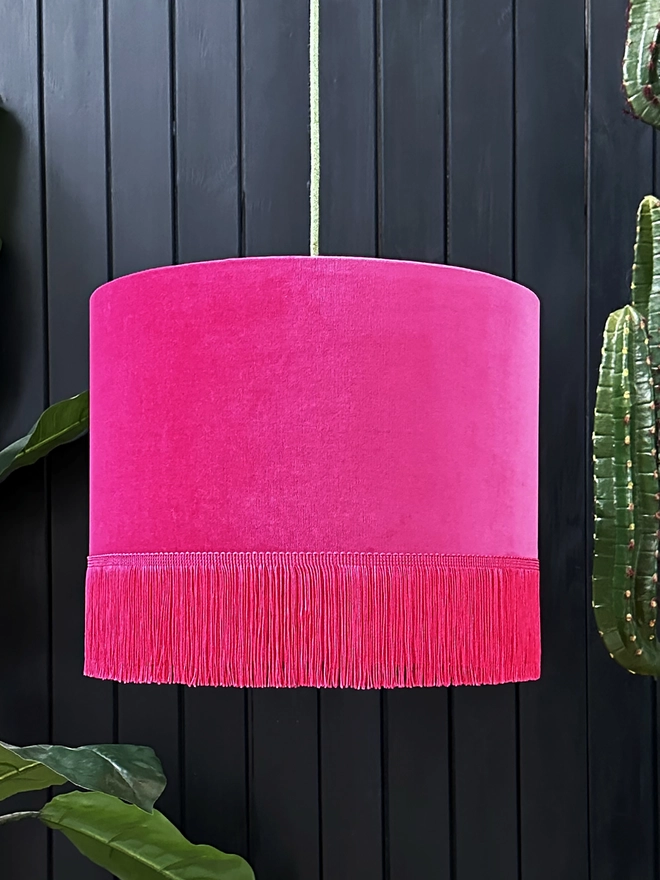 Raspberry Pink Velvet Lampshade With Gold Lining & Fringing. 