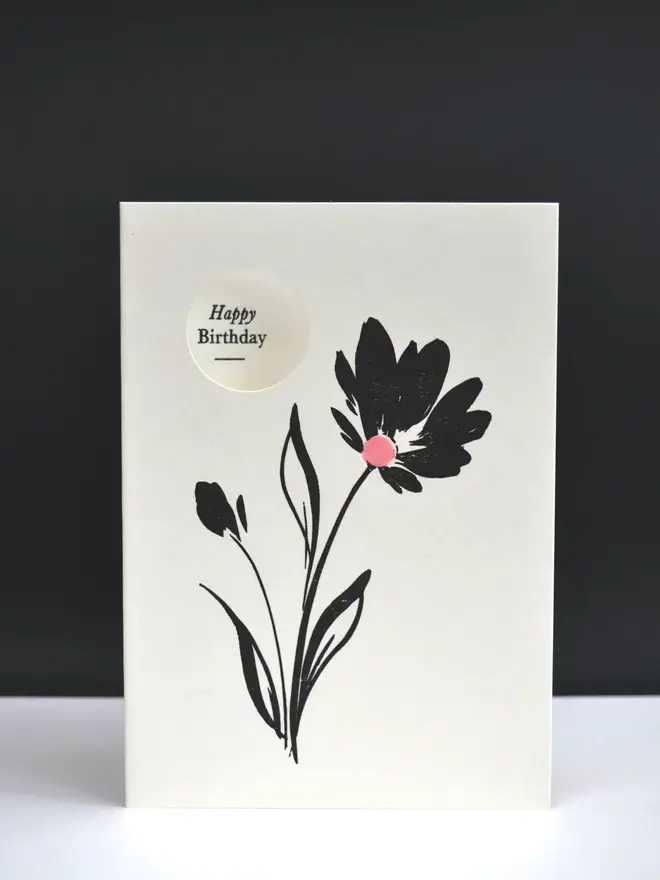 Letterpress Printed Floral Birthday Card. Circular window detail.