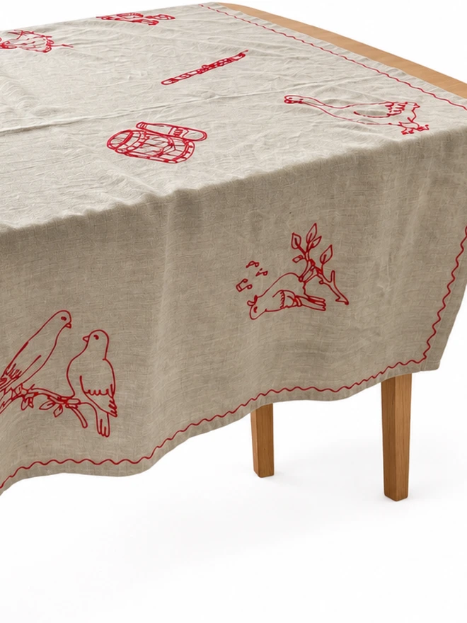 Embroidered Linen 'Twelve Days of Christmas' Tablecloth