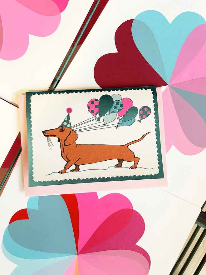 Foiled dachshund Card, Hannah Carvell, Balloons