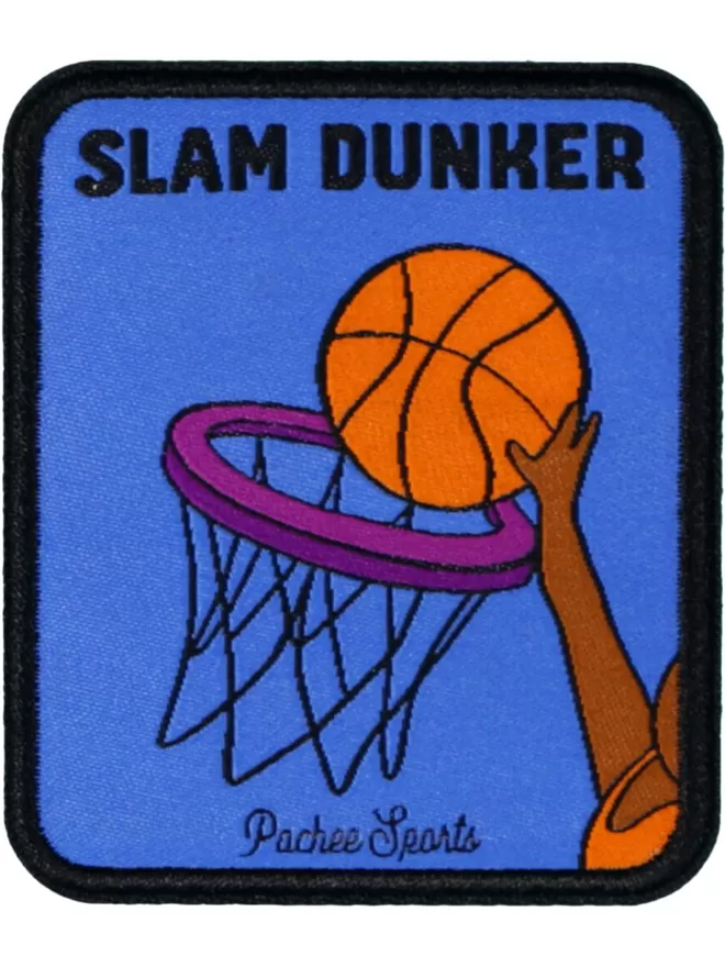 An arm reaches up from the bottom right hand corner, slam dunking a basketball into a purple hoop.