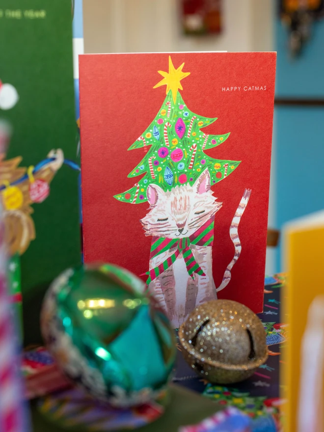cat xmas tree card