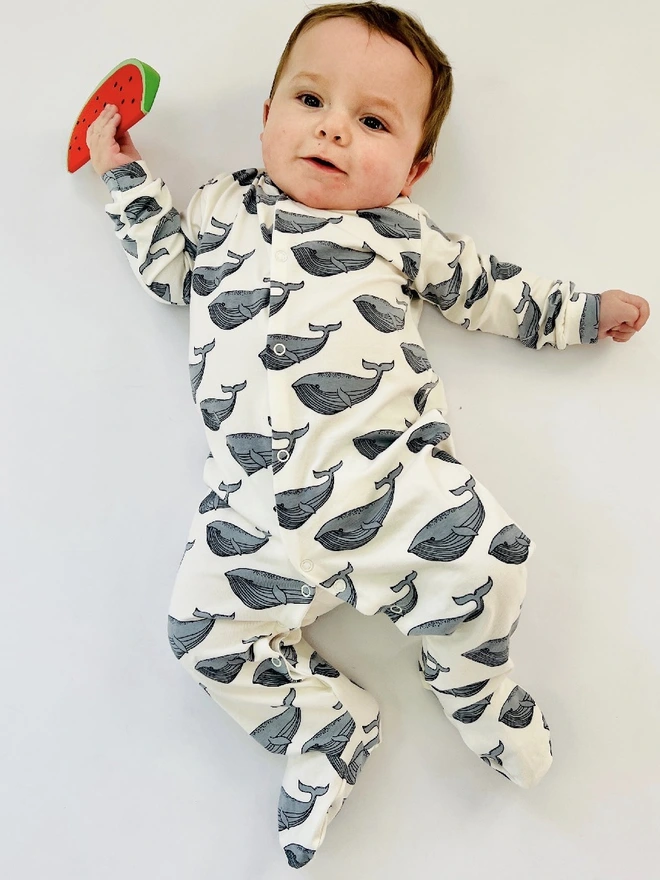 Cream 'Whale' Organic Cotton Baby Sleep Suit