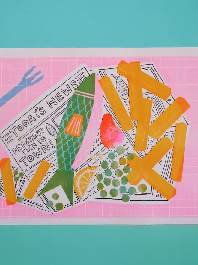 Fish And Chips Risograph Print