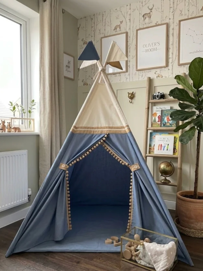 Personalised Cadet Blue Kids’ Teepee. A blue teepee with canvas accents.