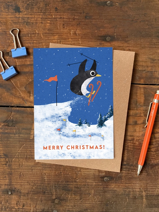 snow animal skiing penguin fox bear rabbit greeting card pack set multipack winter christmas holiday
