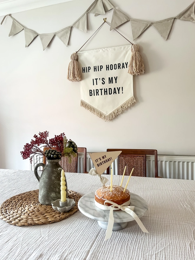 Neutral large printed handmade fabric birthday banner for parties and celebrations