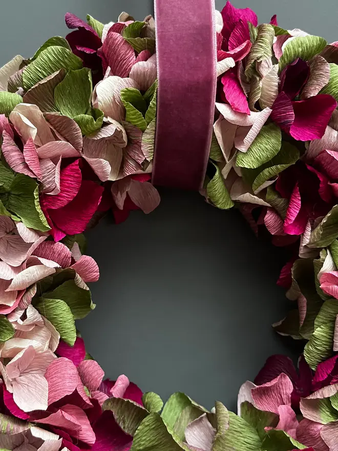 Green, Pink, Plum & Taupe Crepe Paper Christmas Wreath