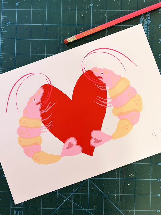 Screen Print by Hannah Carvell, Prawn Love