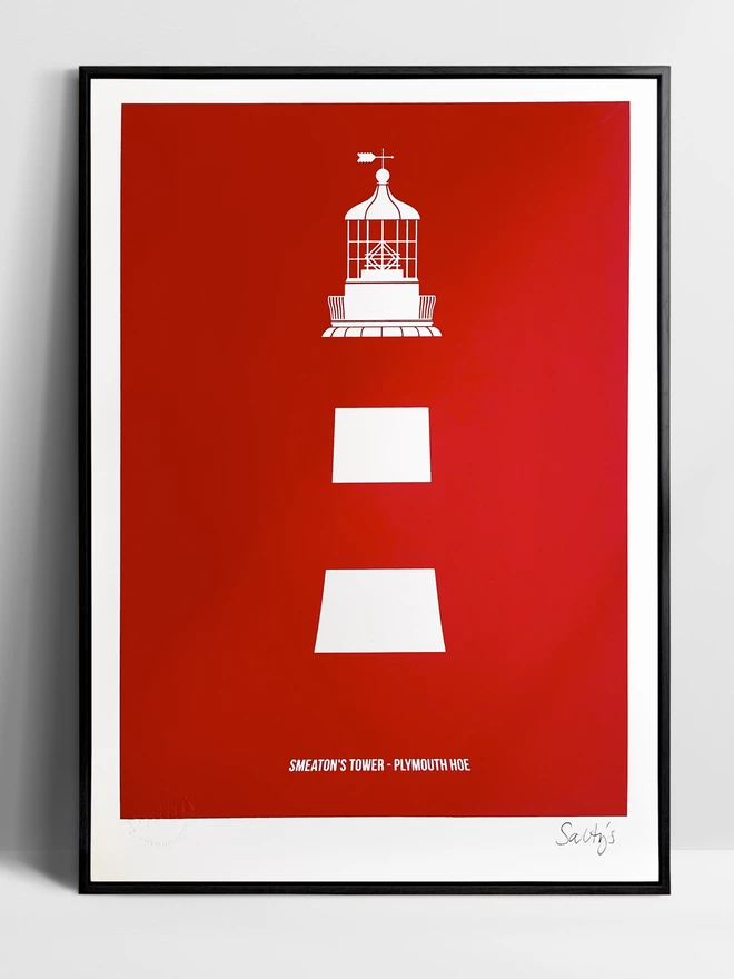 A framed print of a lighthouse, Smeaton's Tower  on Plymouth Hoe, as written at the bottom of the print. The print is mostly red leaving the detail of the lantern room and the stripes are left as white paper.