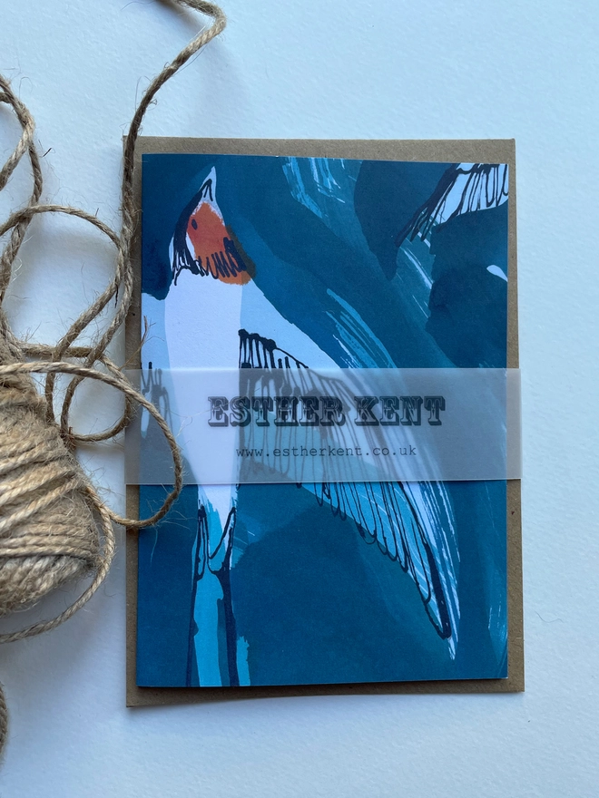 Esther Kent illustrated greeting card showing inky blue swallow illustration on a teal background. The swallow's wing pops u.