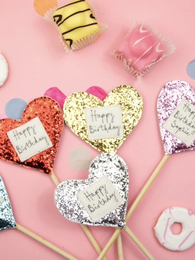 Personalised Glitter Heart Cake Toppers