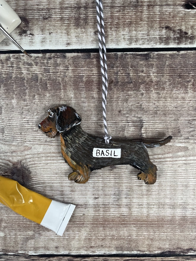 Wire - hared dachshund hanging keepsake portrait with grey twine