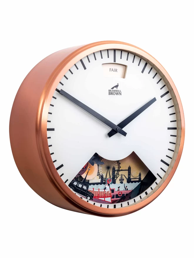Copper-framed weather forecasating clock with moving mechanical scenery