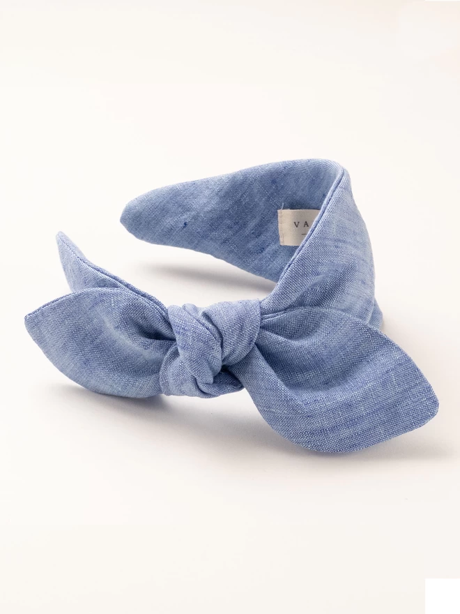 Vanessa Rose Headband in Blue linen side view